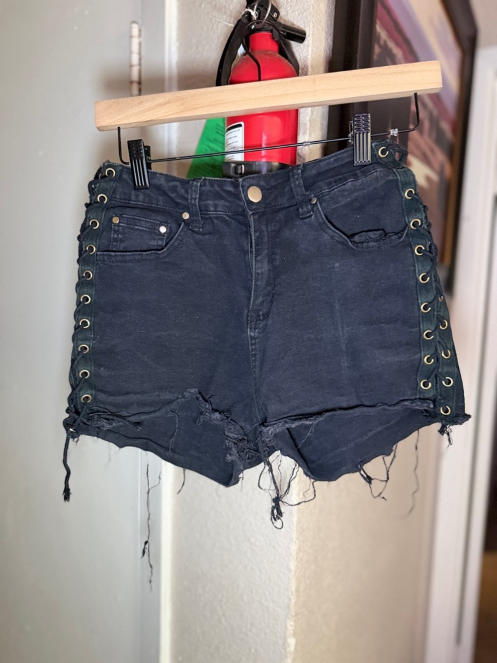 Fashion Nova Black Lace-Up Distressed Denim Shorts